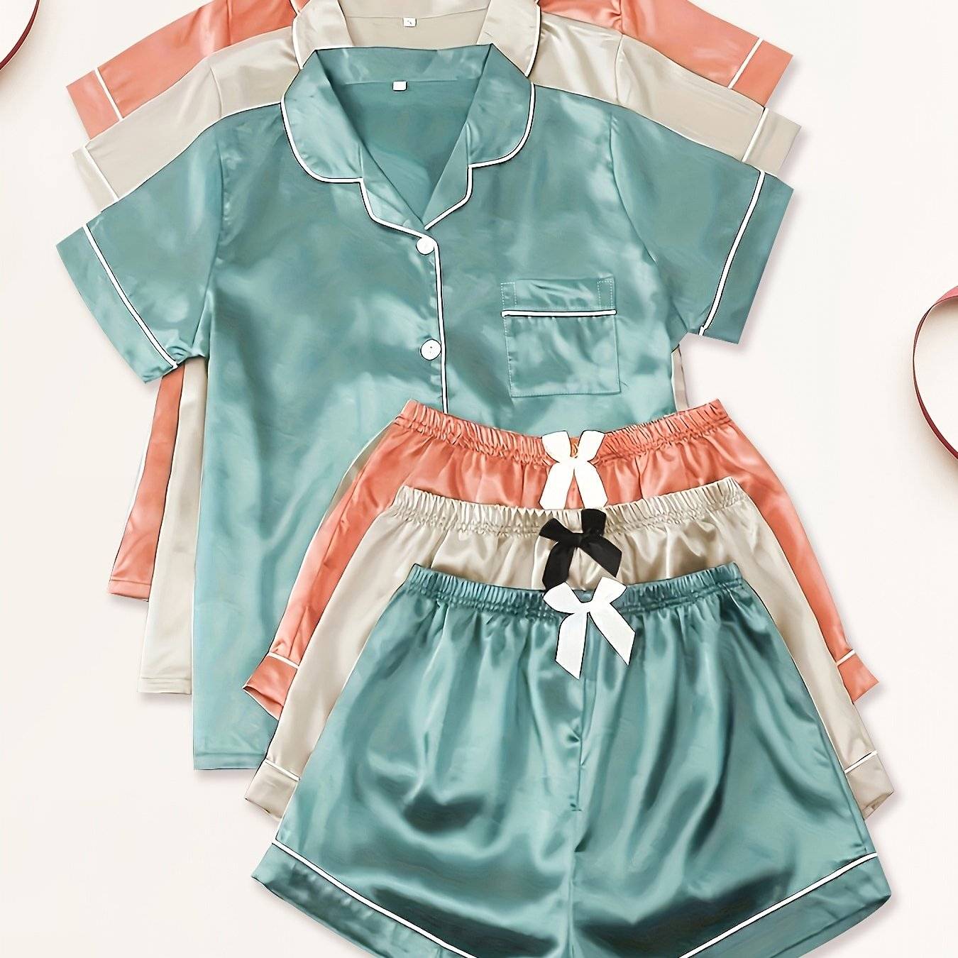 3-Piece Women's Satin Pajama Set – Short-Sleeve Lapel Top with Elastic Waist Shorts, Comfortable Loungewear for Home & Sleep