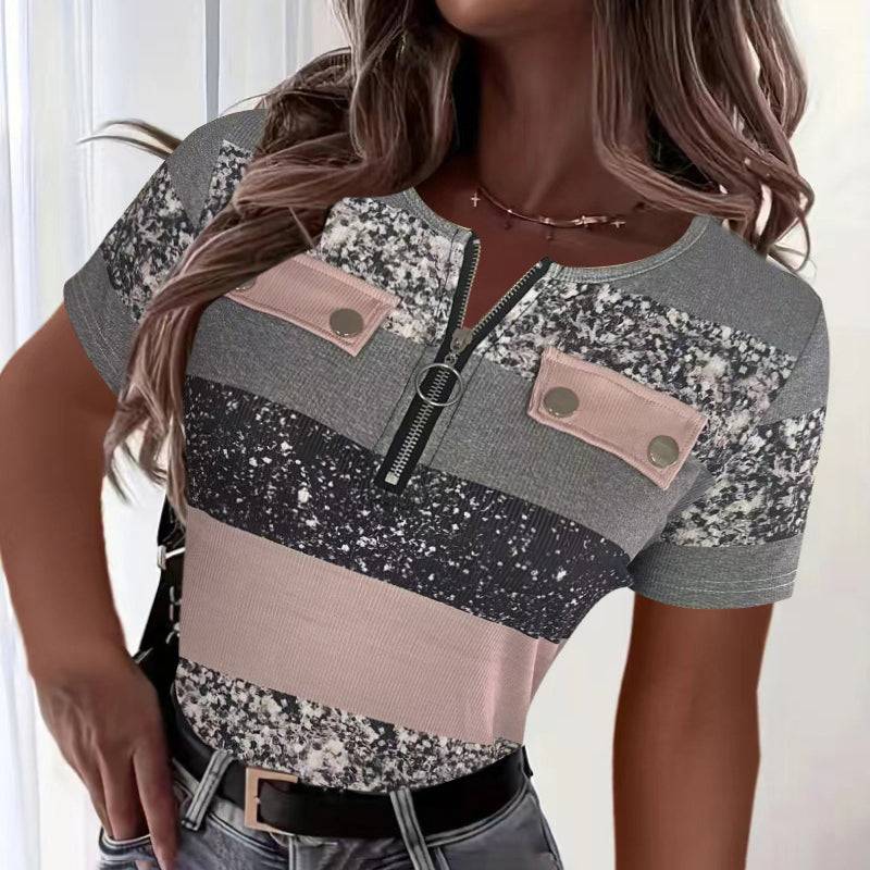 Women’s Color Block Zipper T Shirt Short Sleeve
