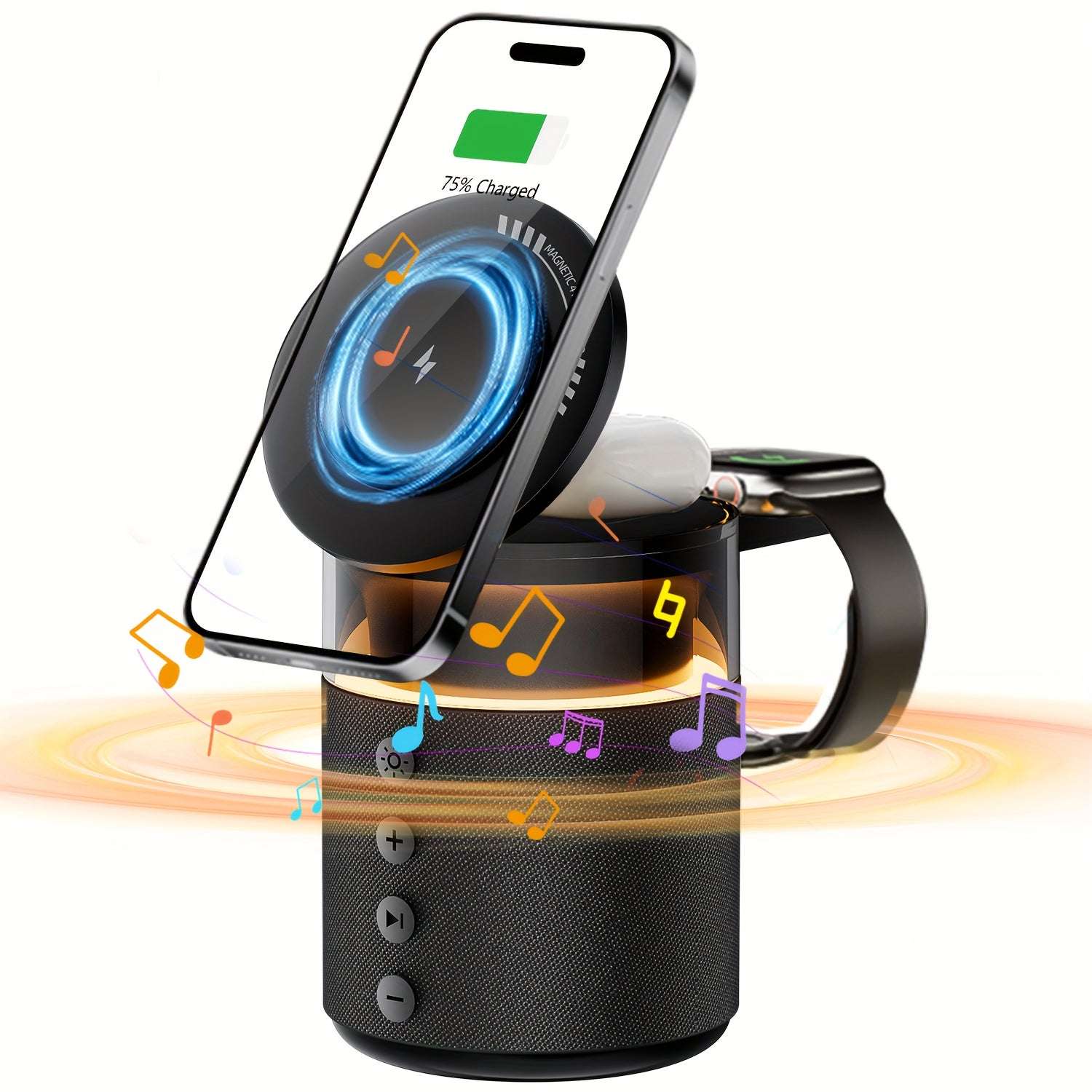 7-in-1 Wireless Charging Station with Night Light, Dual Phone Dock, Fast Charger for iPhone, AirPods & iWatch, 30W Adapter, USB-C & USB-A Outputs