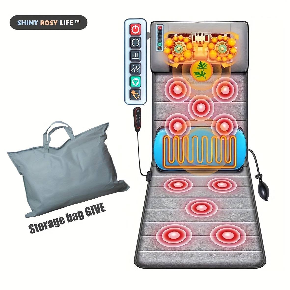 Full Body Massage Mattress – 10-Zone Vibration with Kneading & Heat Therapy, Acupressure Design, 12V Safe Voltage, Gray Velvet