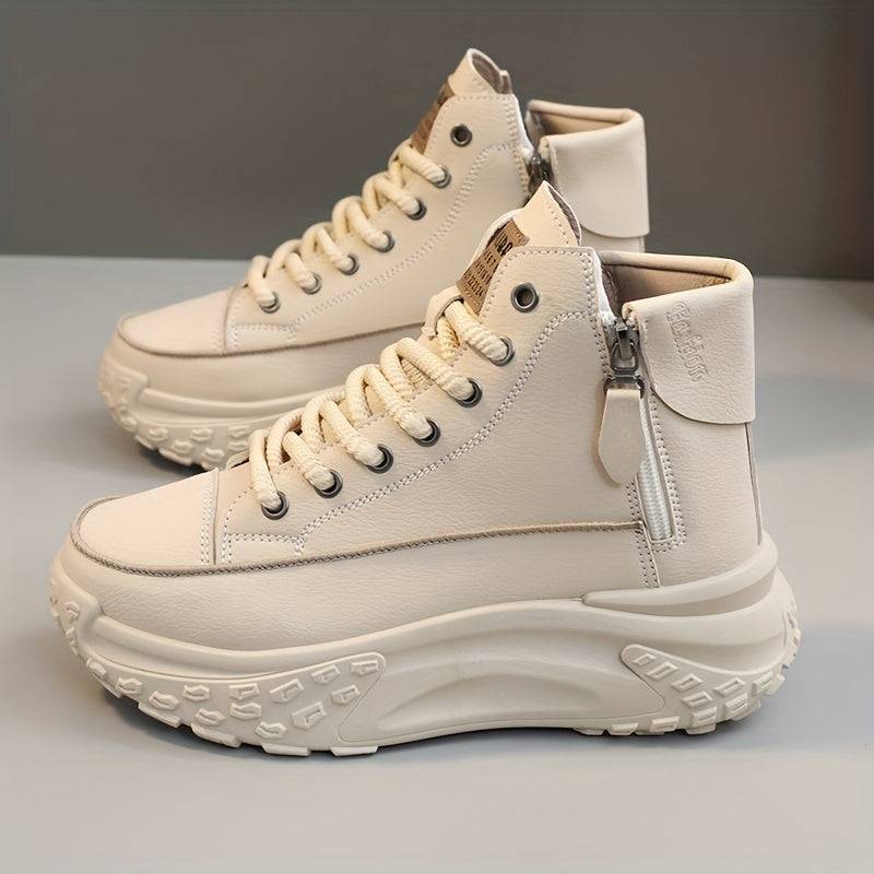 Women’s High-Top Color-Block Sports Shoes – Synthetic Leather Upper, Thick PVC Sole with Lace-Up & Buckle Straps for Outdoor Casual Wear