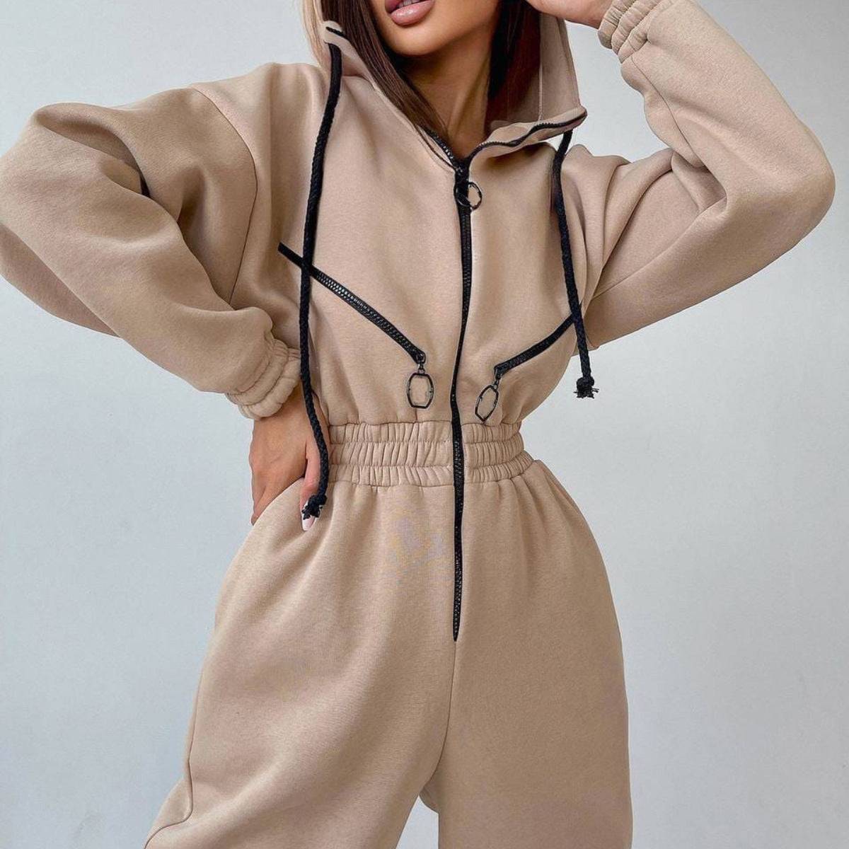 Womens Hooded Jumpsuit Long Sleeve Cotton Blend Stretch