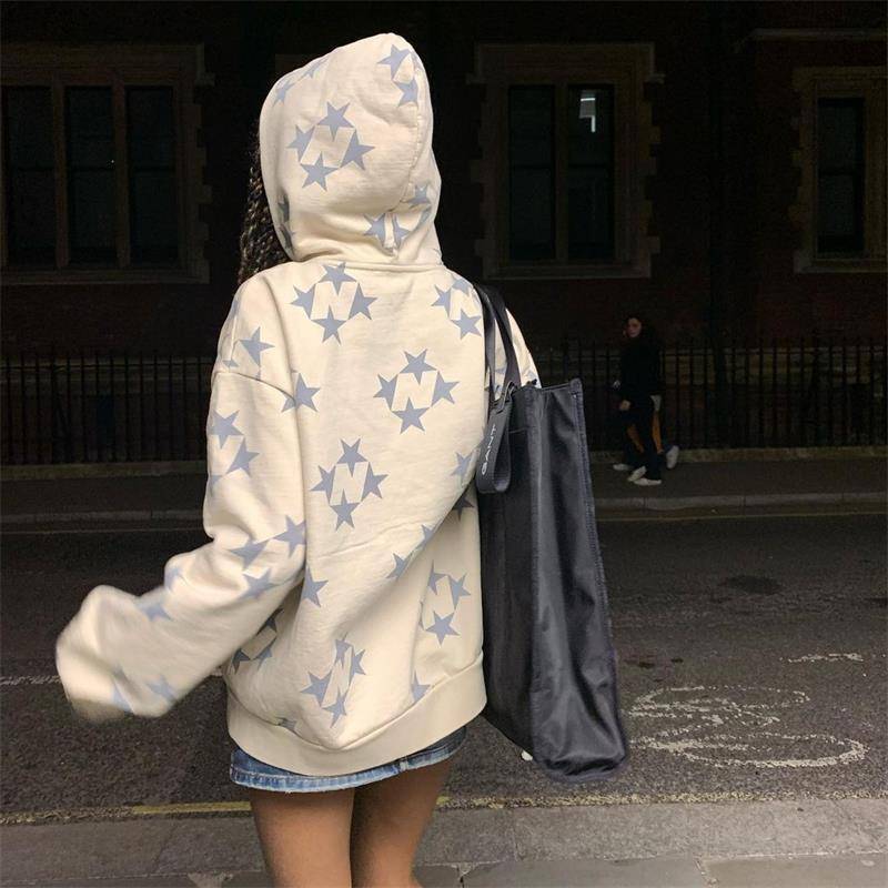 Stars Printed Zipper Hooded Cardigan Street Fashion Unisex