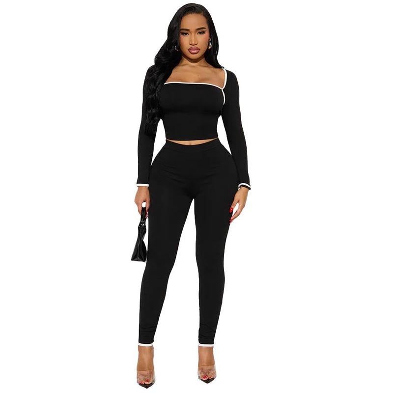 Women's Two-Piece Set with Long Sleeve Top and Slim Pants, Color-Block Stitching