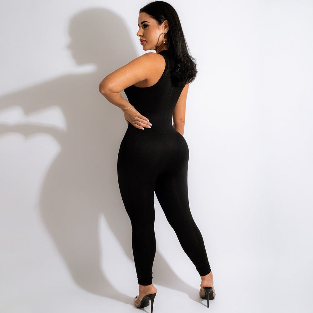 Women’s Casual Sleeveless Jumpsuit Slim Fit Mid Waist Zipper Polyester Spandex Blend Long Trousers