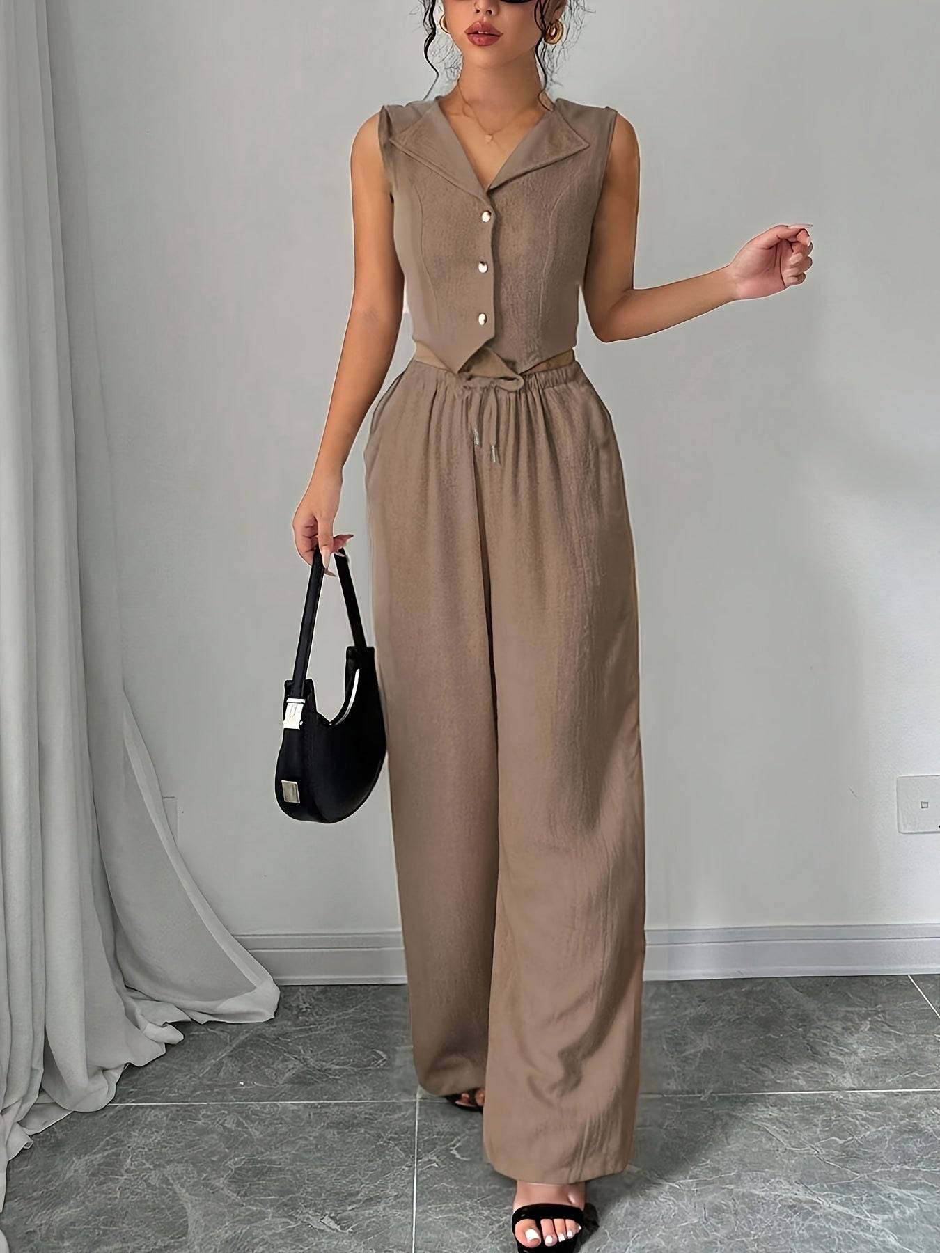 Women’s Two-Piece Set – Sleeveless Blazer Collar Top & Casual Pants for Work, Outings & Holidays