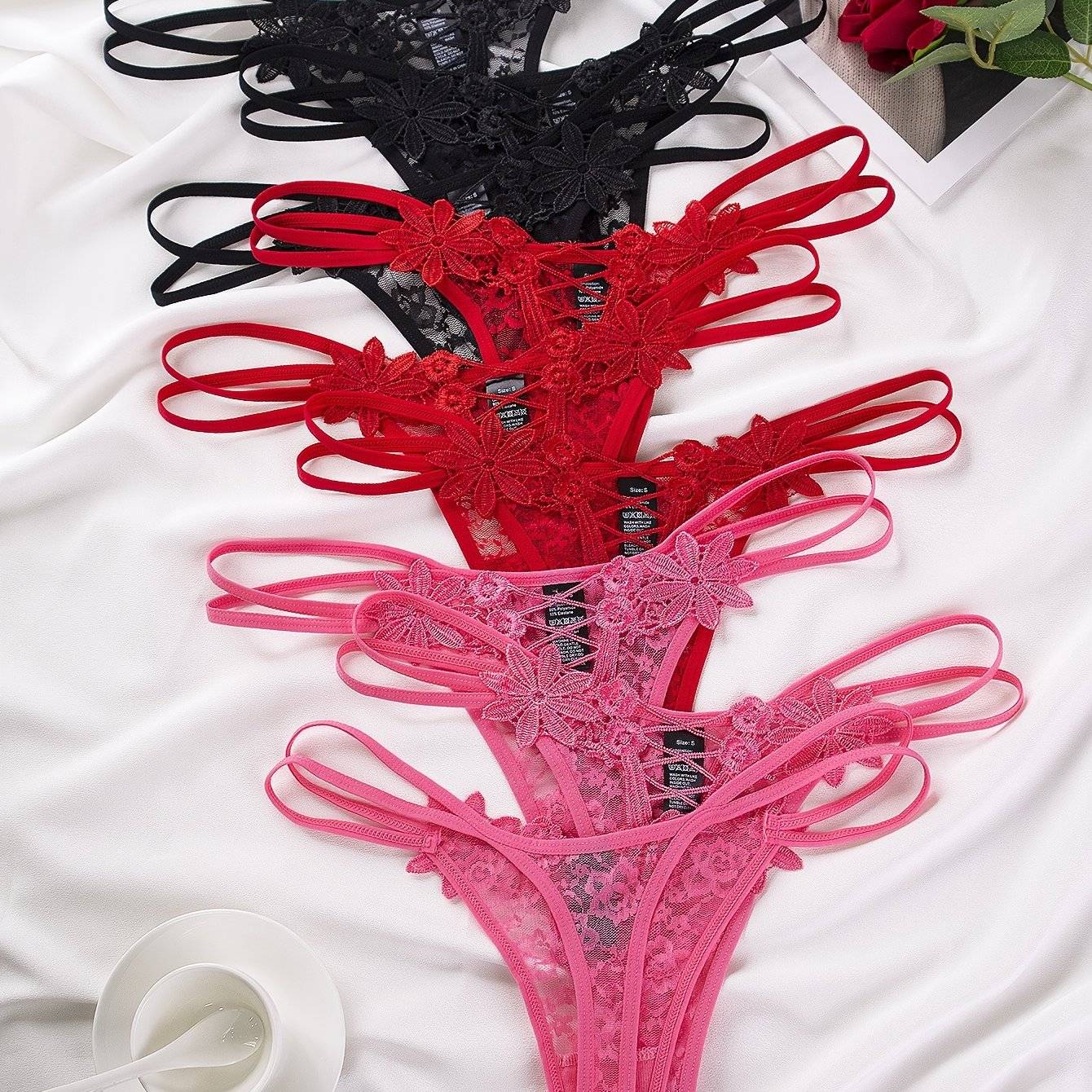 9-Pack Low Waist Lace Thongs for Women – Floral European Style, Breathable & Soft Fit