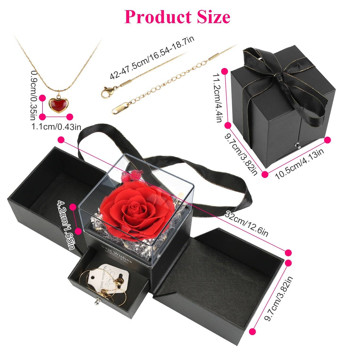 Preserved Rose Heart Necklace Gift Box