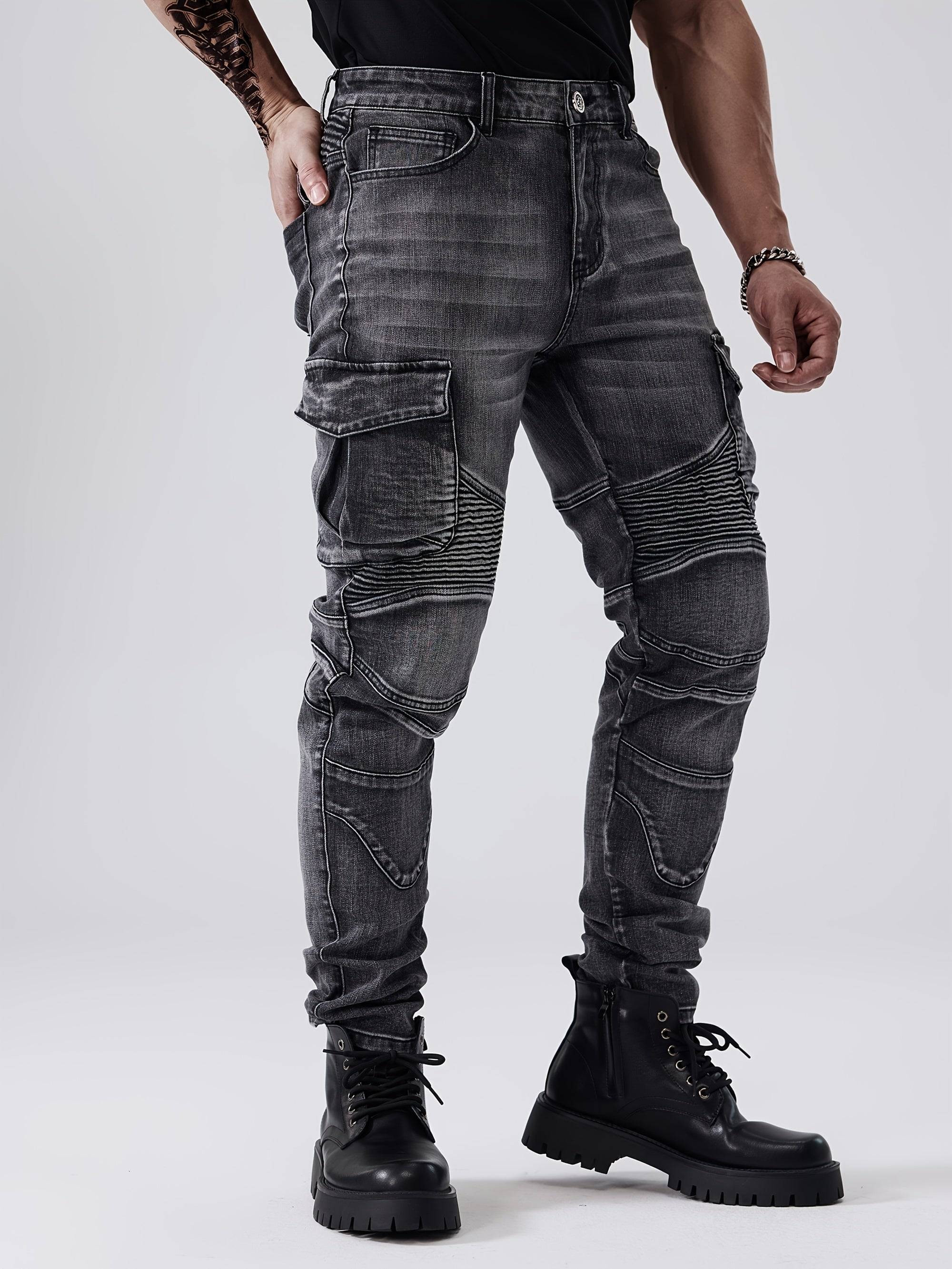 Men’s Slim Fit Stretch Jeans Straight-Leg Multi-Pocket Streetwear with Decorative Stitching