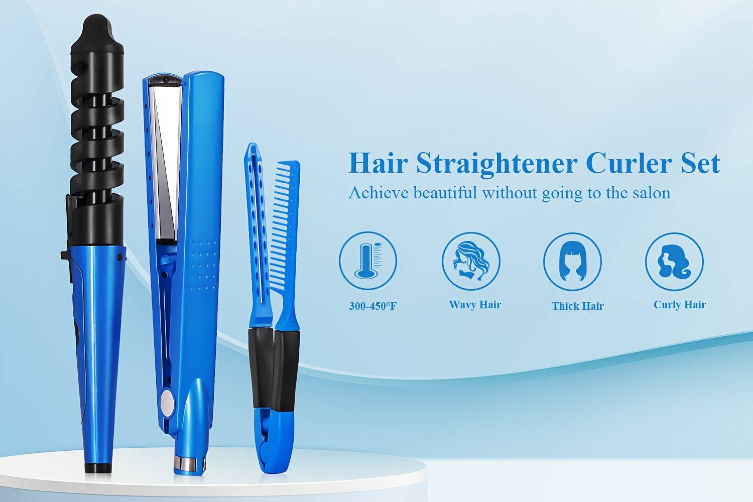 3pcs Hair Styling Kit for Women Flat Iron, Curling Wand & V-Brush 5 Temps Lightweight for All Hair Types