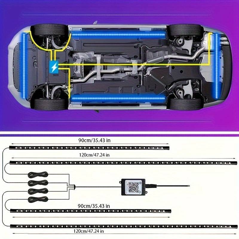4-Piece RGB Car LED Light Strips Universal Interior Base Lights with APP, Music Mode & Remote Control Decorative Lighting for Travel, Camping & Holidays