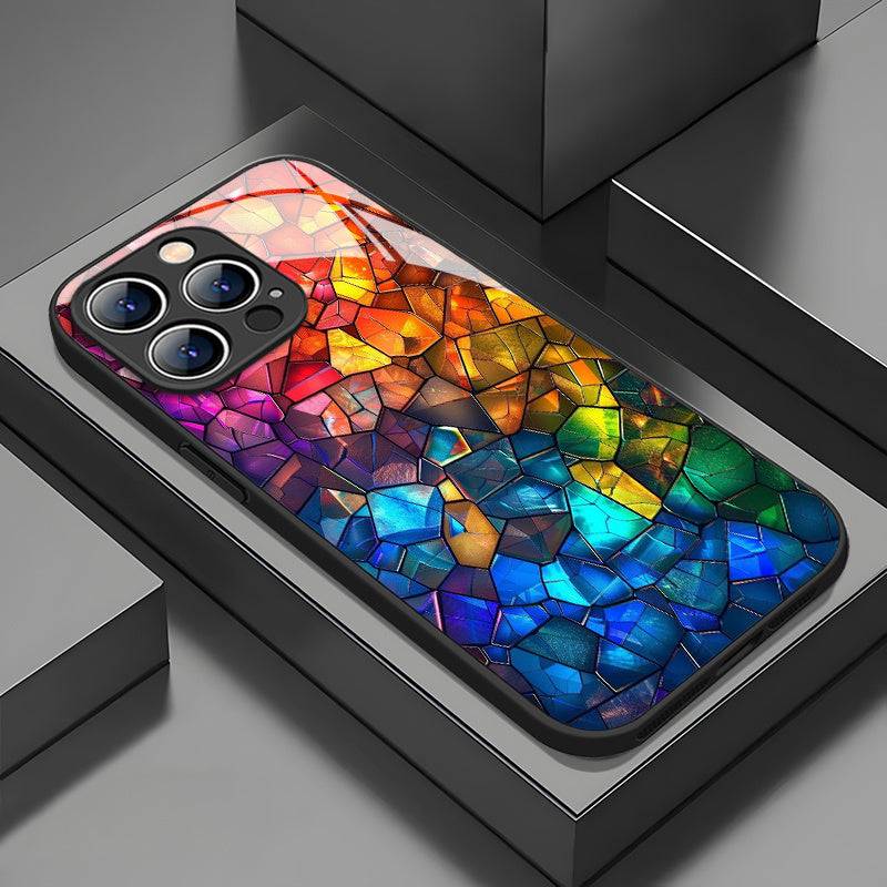 Colorful Glass Splicing Phone Case Fashionable Tempered Glass Protective Cover Anti-Fall & Anti-Fouling Design for iPhone X–16 Pro Max