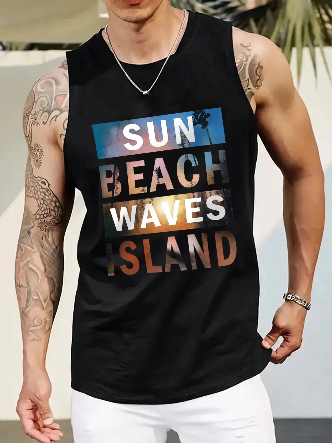 Men’s Sleeveless Tank Top Cotton Crew Neck Island & Beach Wave Print Summer Casual Sport Style