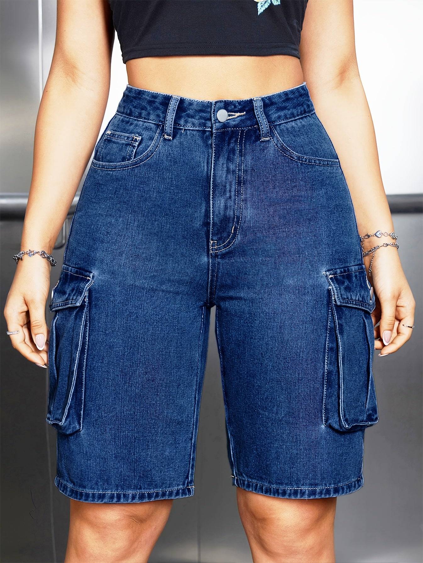 Women’s Denim Cargo Shorts Washed Blue Knee-Length with Flap Pockets Utility Style for Summer