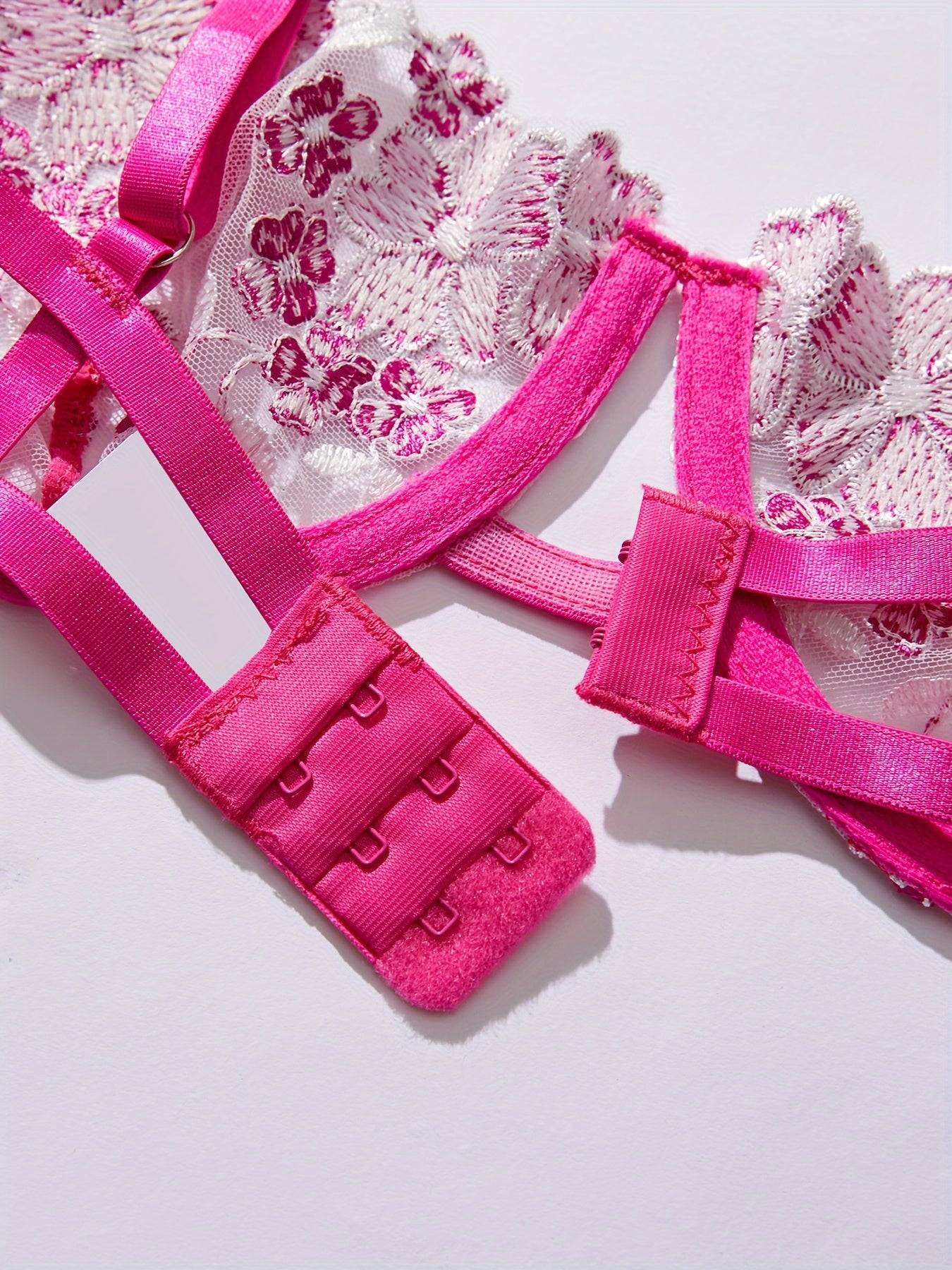 Women's Mesh Floral Embroidery Lingerie Set – Transparent Bra with Strap Design & Matching Underwear