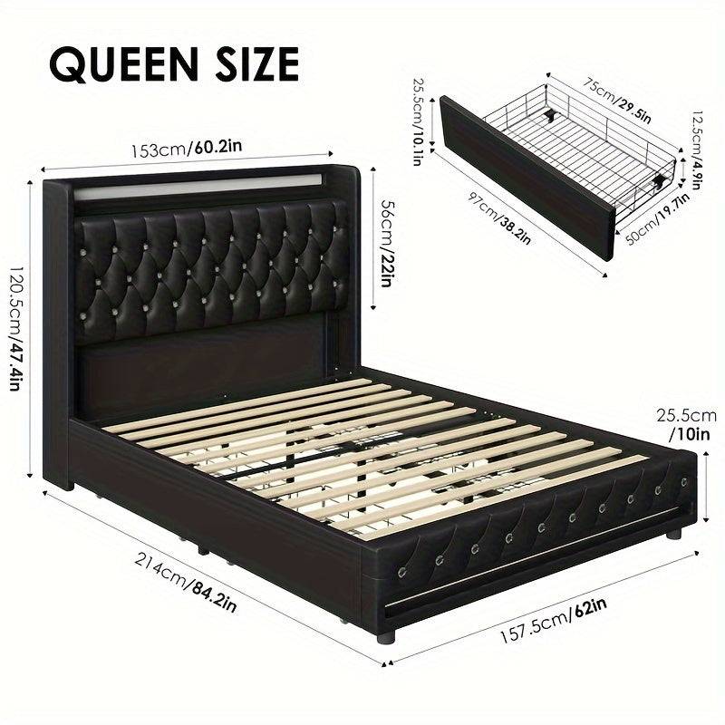FULTRU Bed Frame with 4 Storage Drawers, LED Velvet Platform with USB Ports and Tufted Wingback Headboard