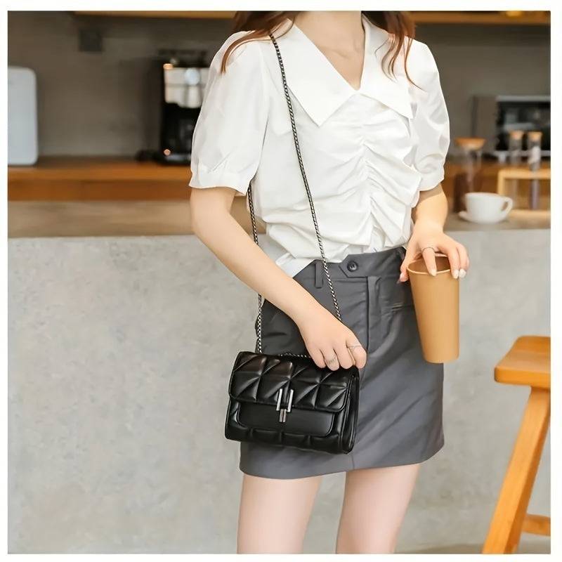 Small Black Belt Bag with Chain Strap – Scottish Pattern, Lock Closure, Faux Leather, Light Luxury Style