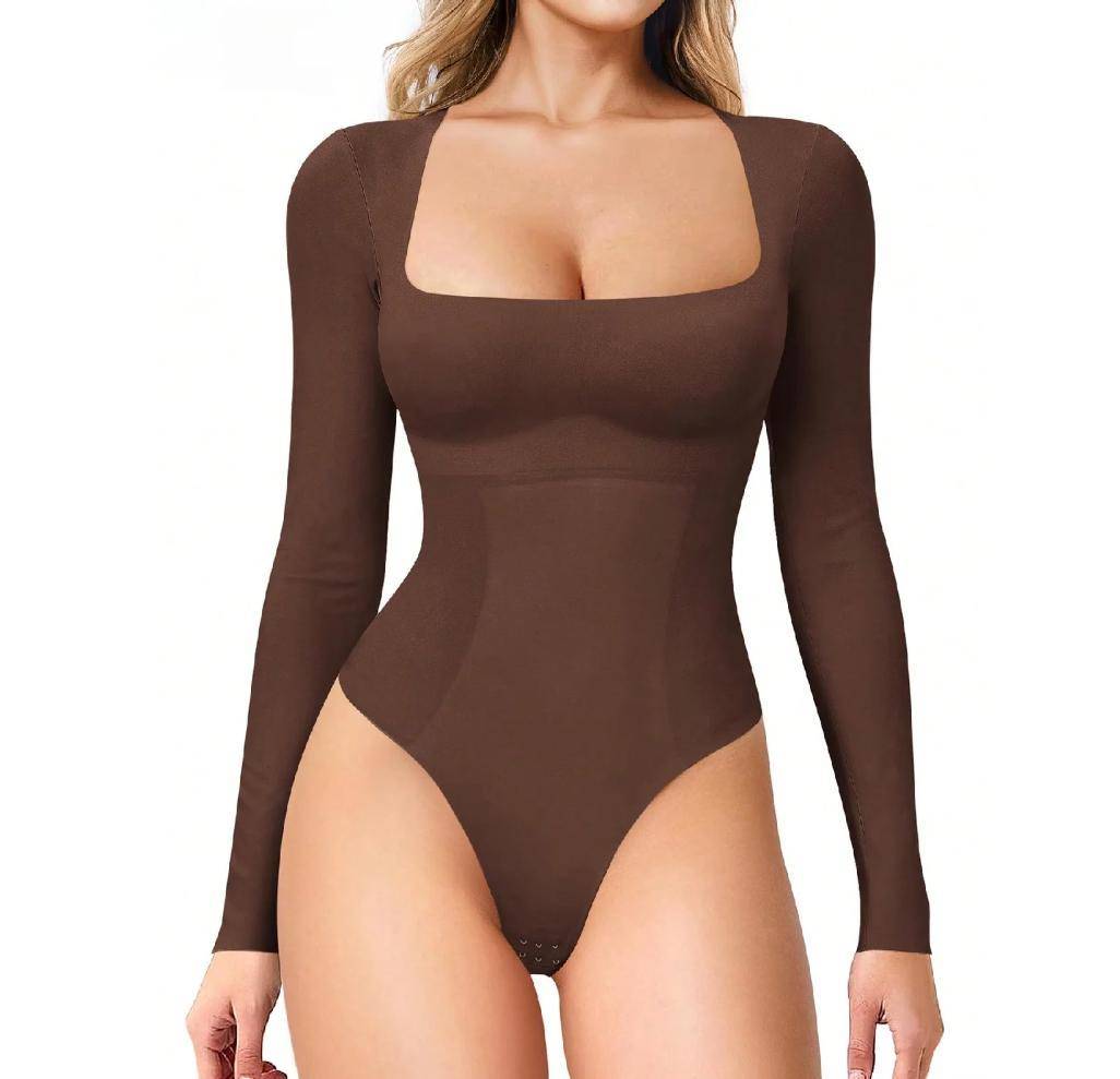 Womens Square Neck Long Sleeve Bodysuit with Tummy Control