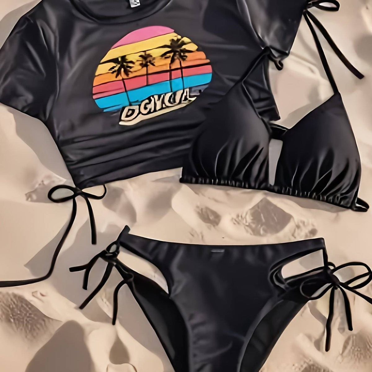 Women’s 3-Piece Bikini Set Halter Triangle Top with Tie Side Bottoms & Cover-Up Coconut Tree Print