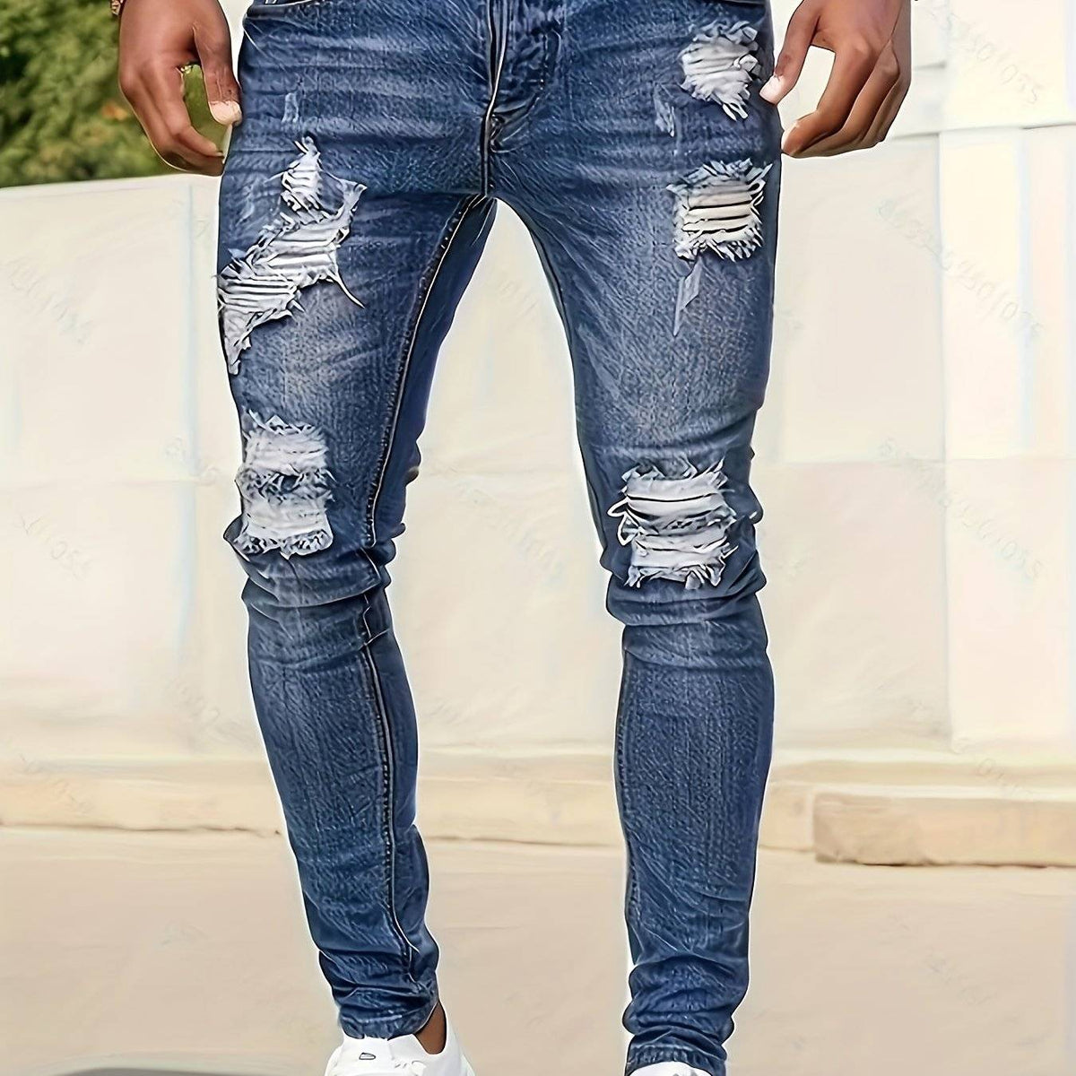 Men’s Slim Fit Stretch Jeans Ripped Old Blue Denim Casual All-Season Trousers