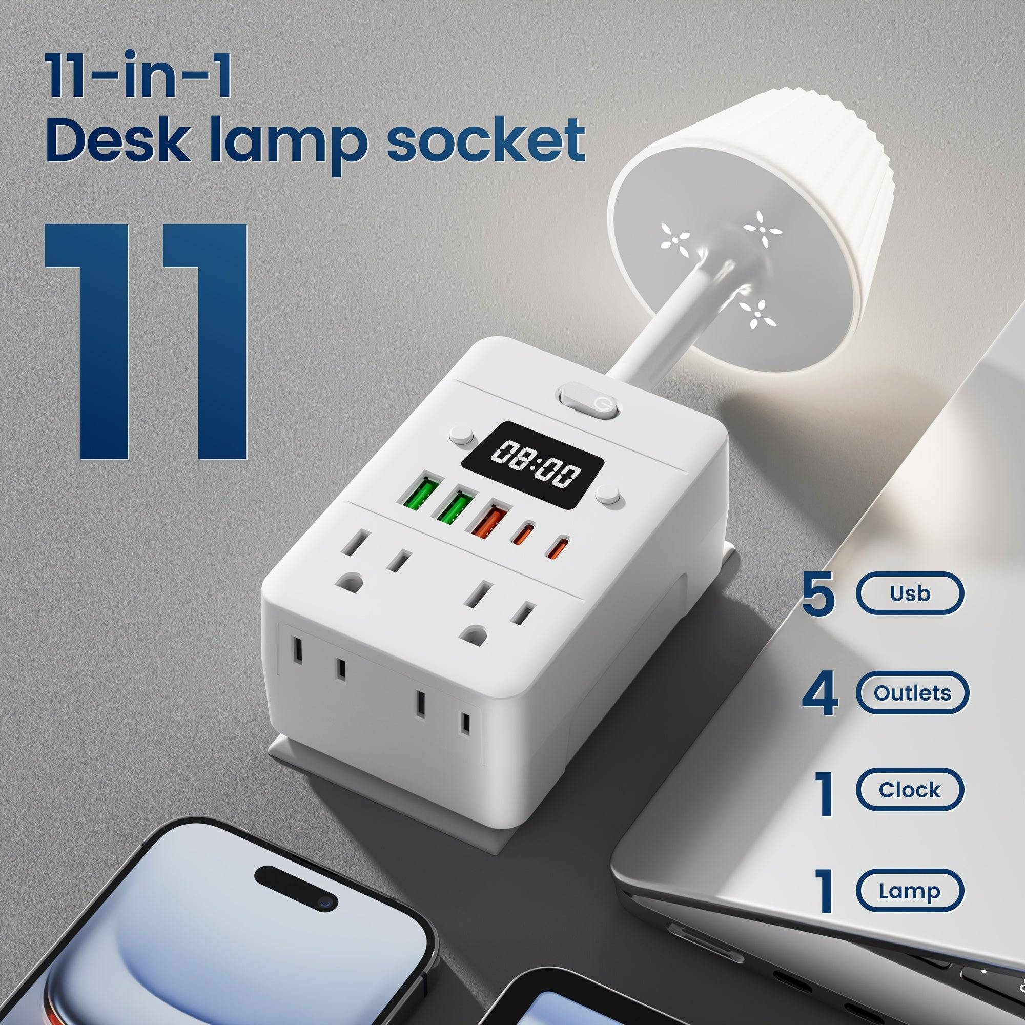 11-in-1 Power Strip Charging Station 4 Outlets, USB-A & USB-C Ports, Desk Lamp & Digital Clock Overload Protection