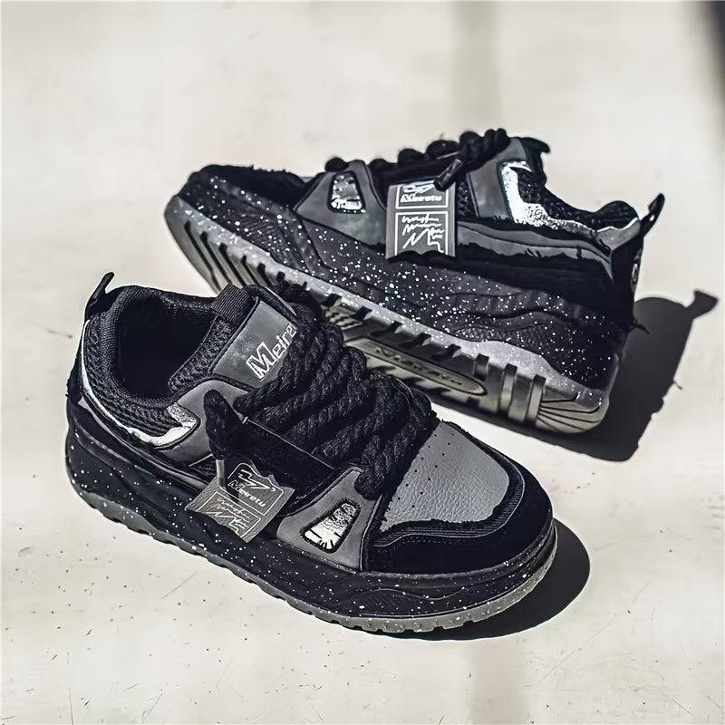 Unisex Retro Skateboard Sneakers Black & Gray Low-Top Lace-Up with Cushioned Rubber Sole, Breathable Mesh & PU Upper for Casual & All-Season Wear