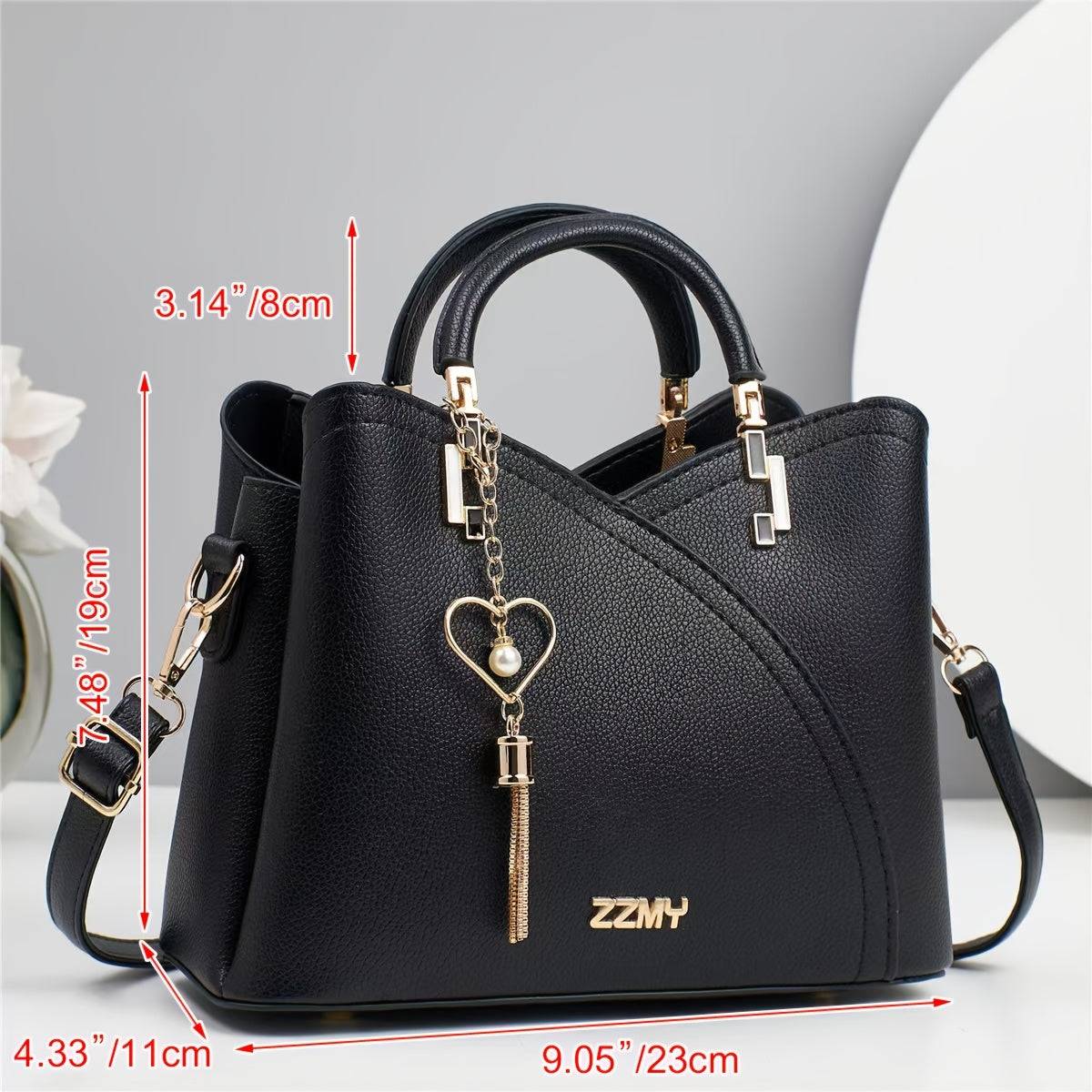 Elegant Women's Shoulder Bag with Heart Charm Lychee Texture Crossbody Strap & Magnetic Closure