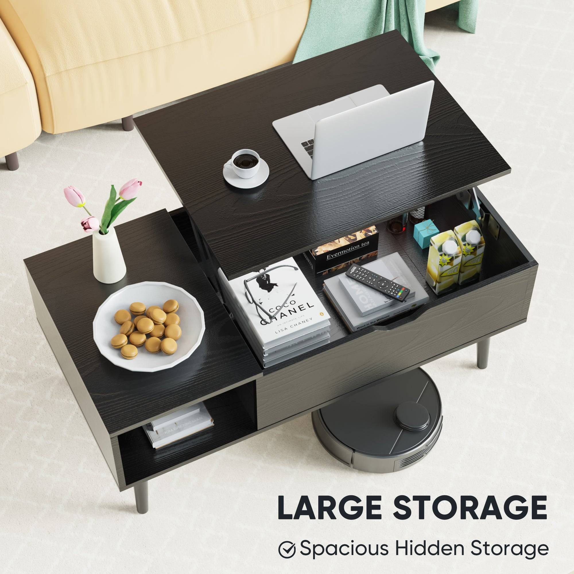 Lift Top Coffee Table With Storage And Side Shelves