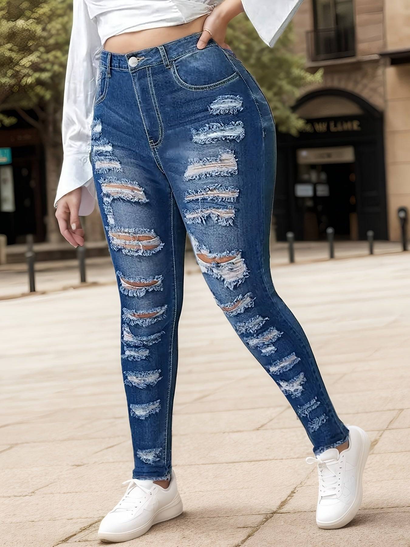 Women High Waisted Ripped Wide Leg Jeans