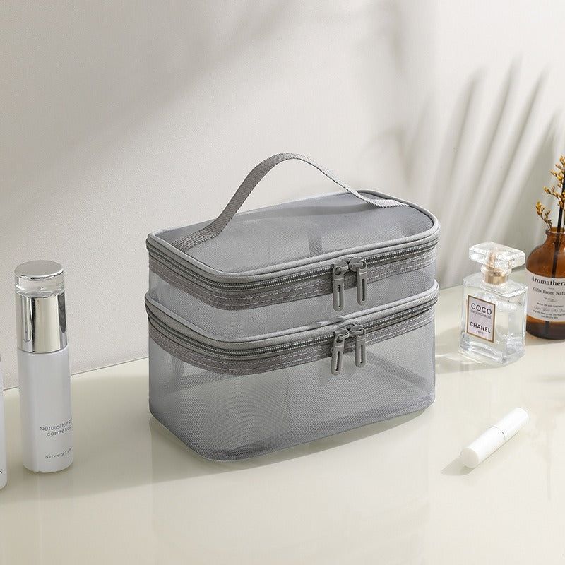 2pcs Travel Toiletry Bags Double Layer Mesh Yarn Portable Large Capacity Cosmetic Storage Organizer Black and Grey