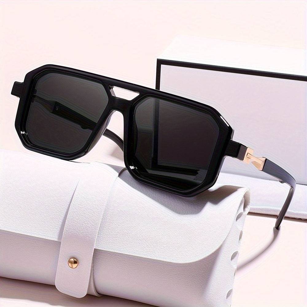 Unisex Retro Square-Frame Glasses with Golden Finish and Green Decorative Lenses, Lightweight PC Frames, Includes Case and Cleaning Cloth