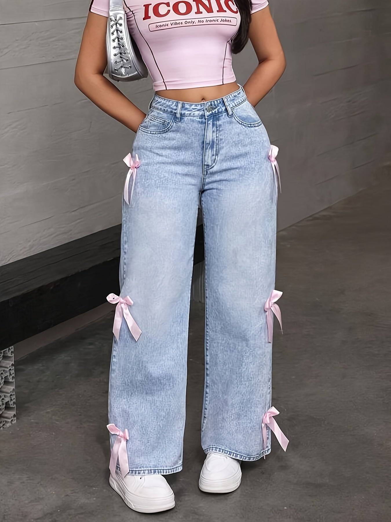 Women’s Washed Jeans Loose Wide-Leg Denim with Bow Patchwork Sweet Street Style for Valentine’s Day