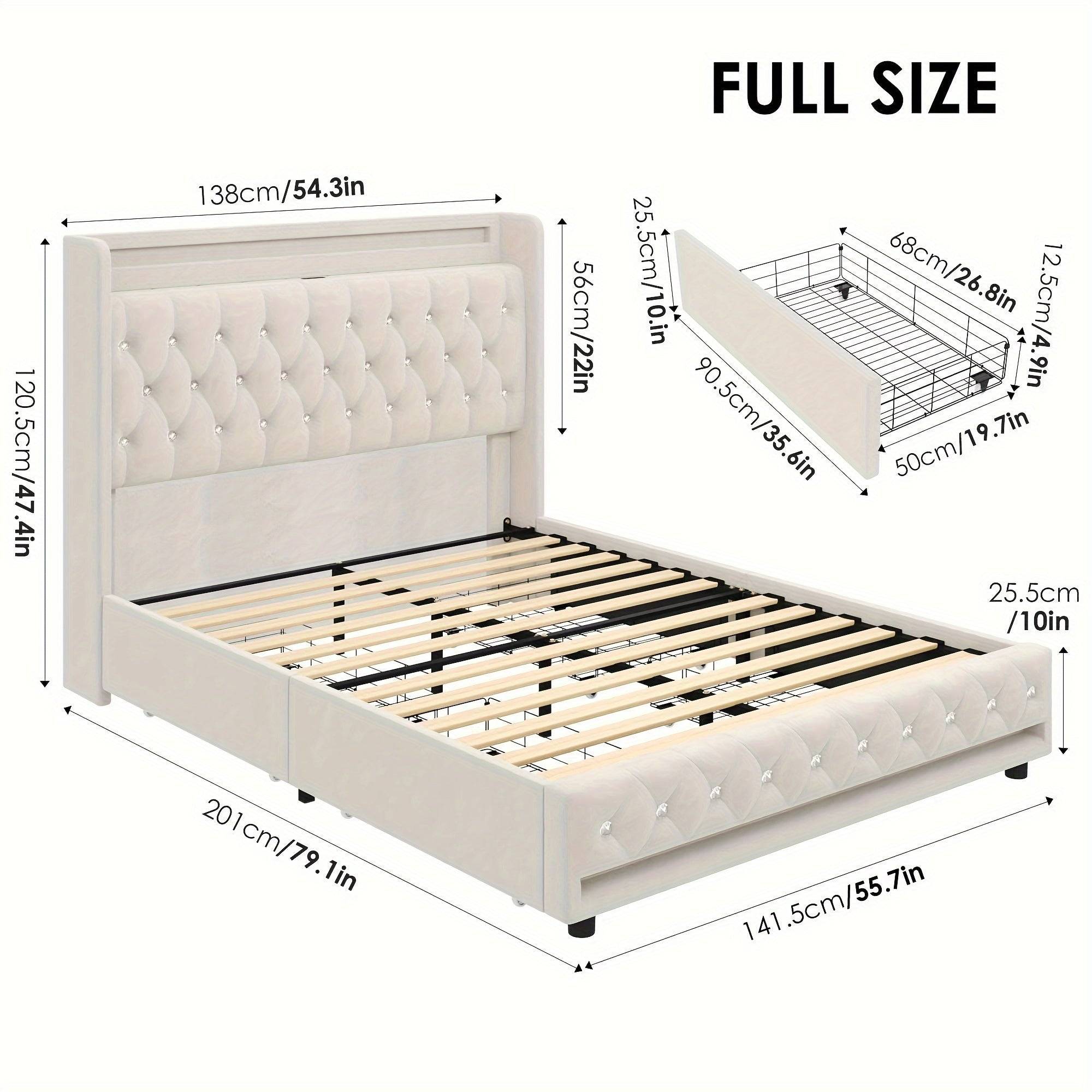 FULTRU Bed Frame with 4 Storage Drawers, LED Velvet Platform with USB Ports and Tufted Wingback Headboard