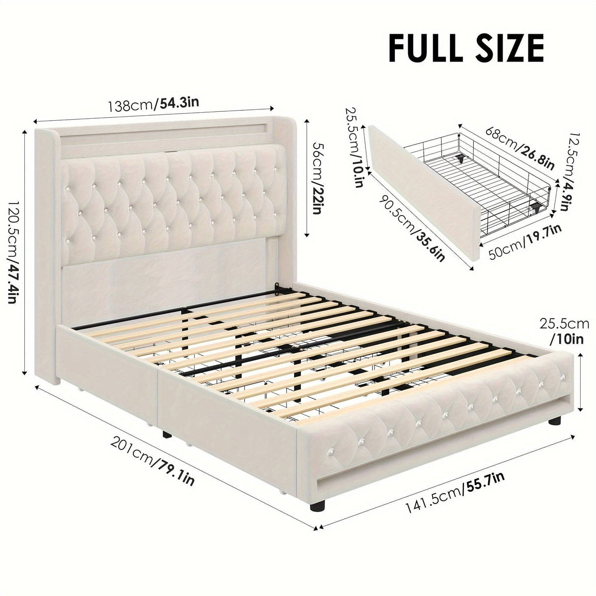 FULTRU Bed Frame with 4 Storage Drawers, LED Velvet Platform with USB Ports and Tufted Wingback Headboard