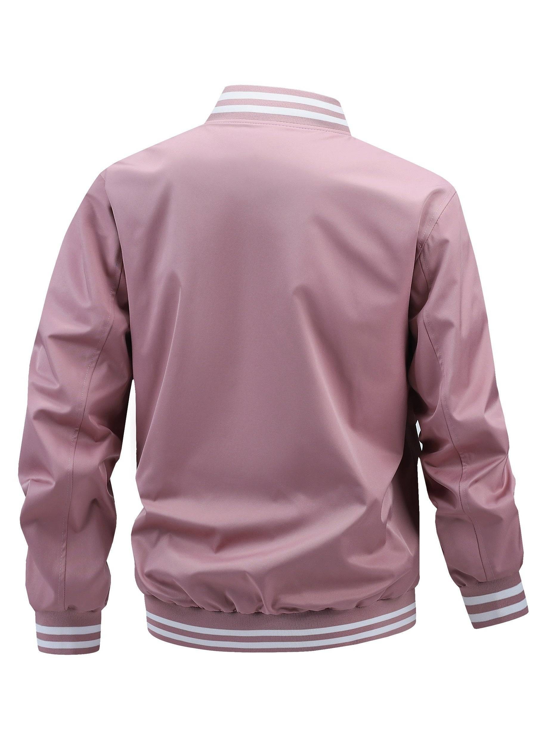 Men’s Plus Size Lightweight Varsity Jacket, Polyester Preppy Style with Striped Accents, Baseball Collar & Button-Up Design with Pockets