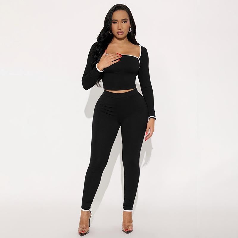 Women's Two-Piece Set with Long Sleeve Top and Slim Pants, Color-Block Stitching