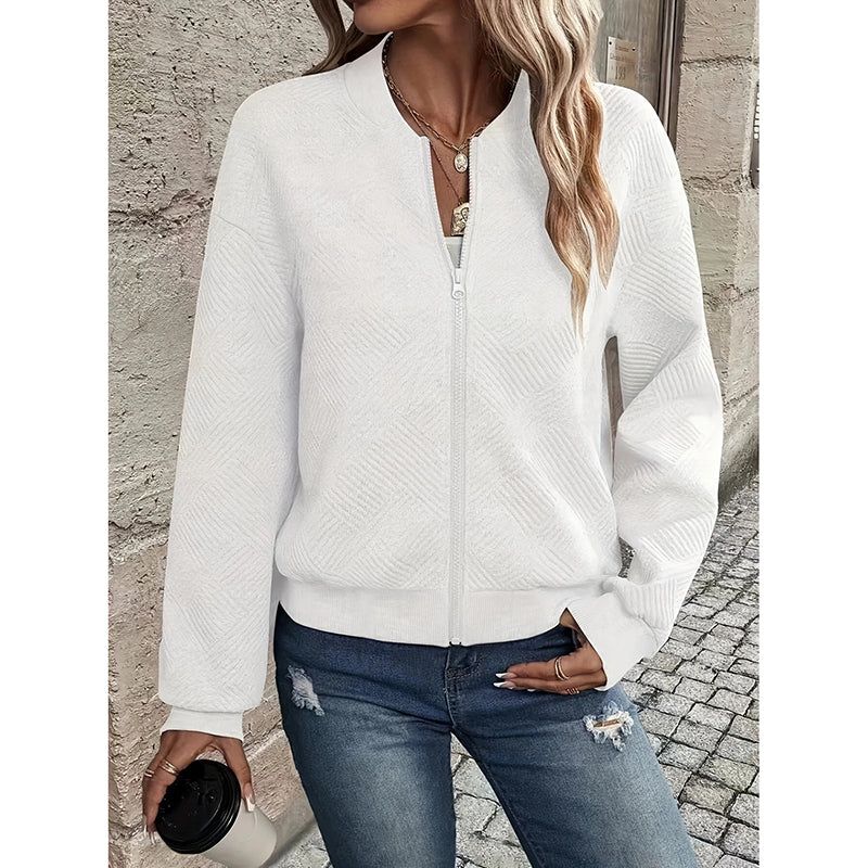 Womens Bomber Jacket With Stand Collar And Zip Closure