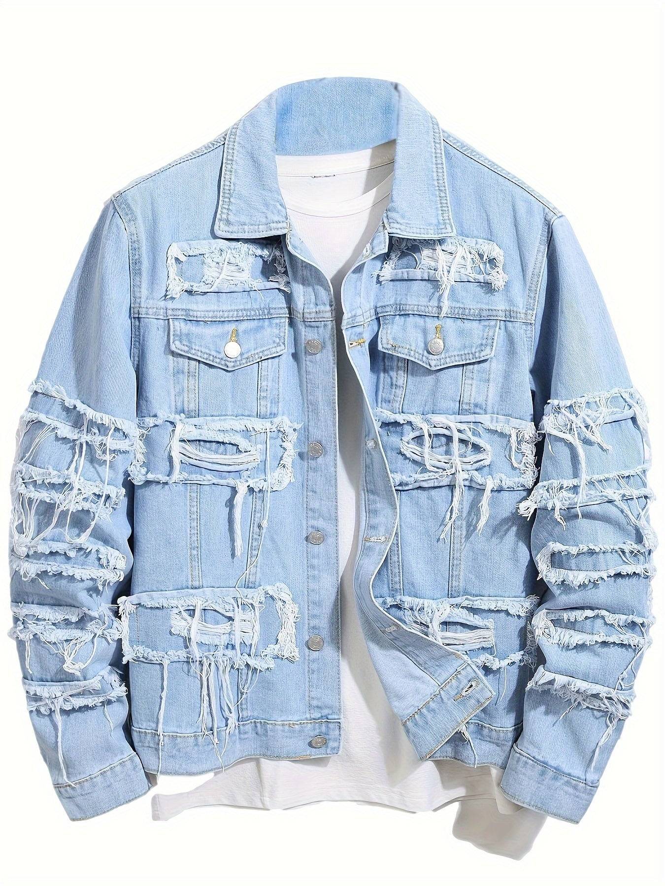 Men’s Ripped Denim Jacket Slim Fit Blue Jean Outerwear Casual Streetwear Coat