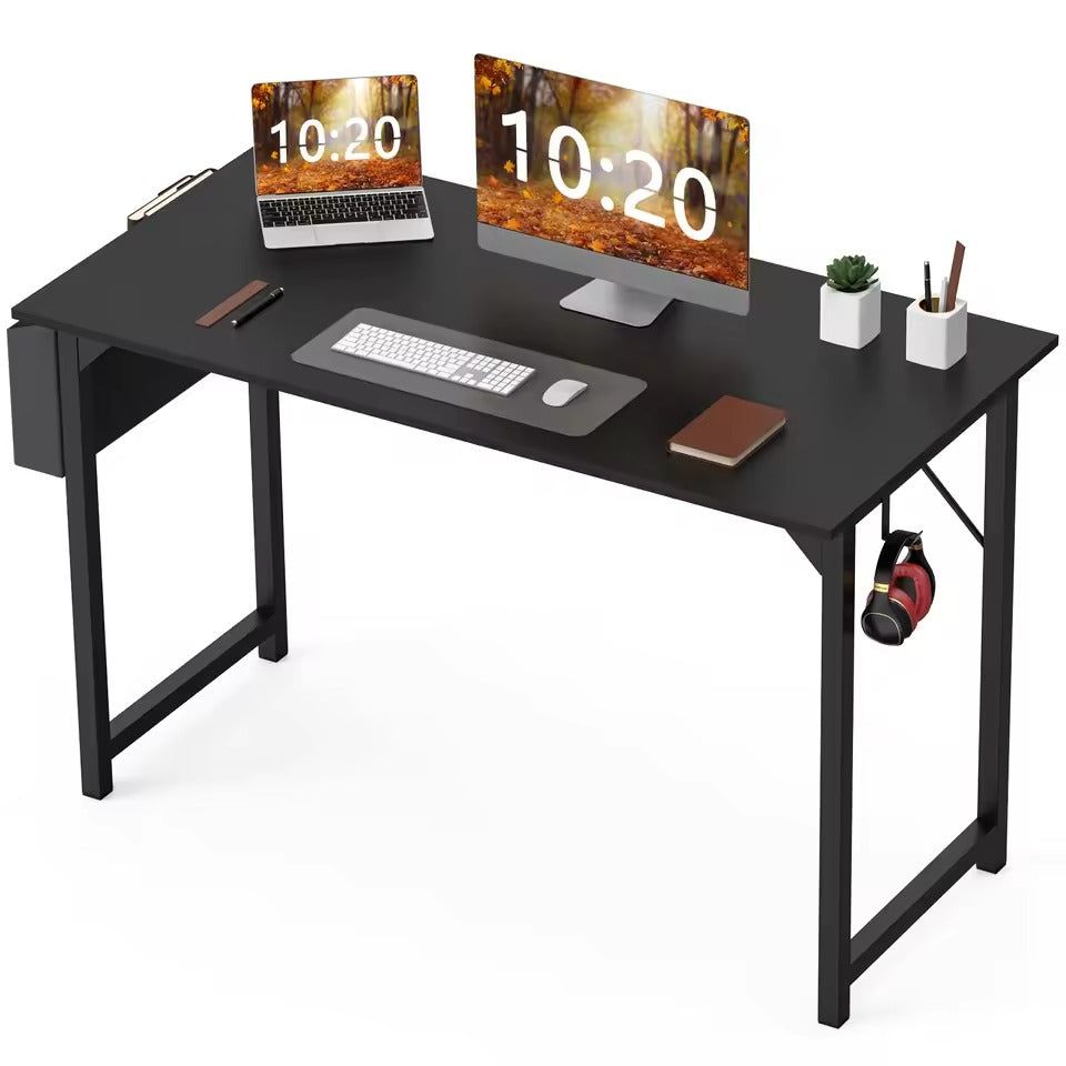 Steel Frame Computer Desk With Wood Top Storage Bag And Hook