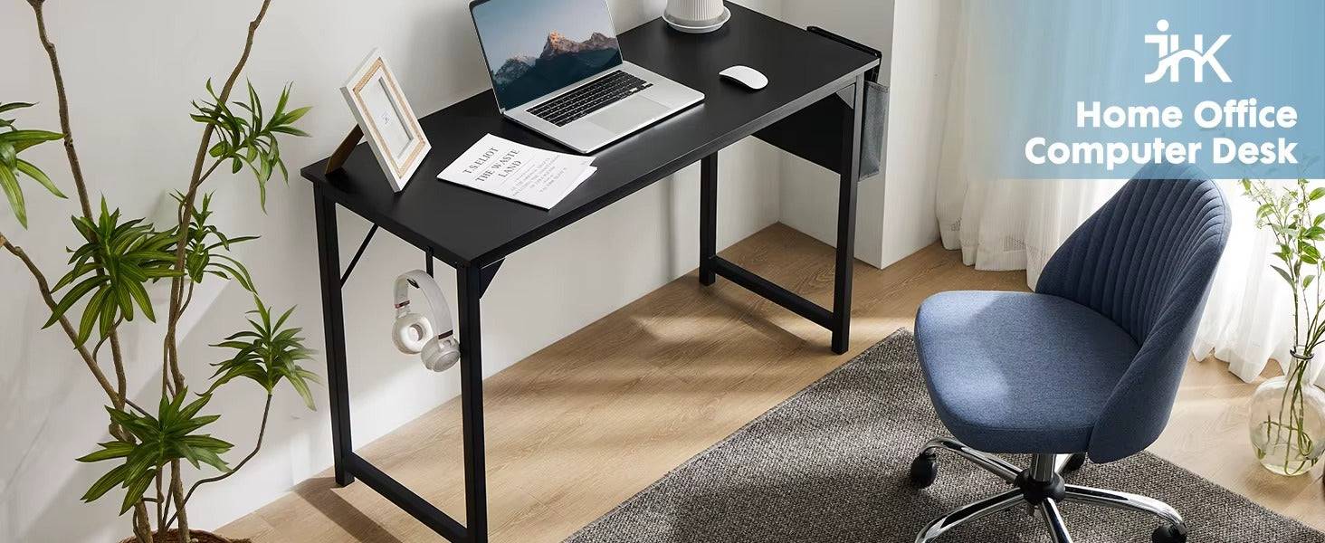 Steel Frame Computer Desk With Wood Top Storage Bag And Hook