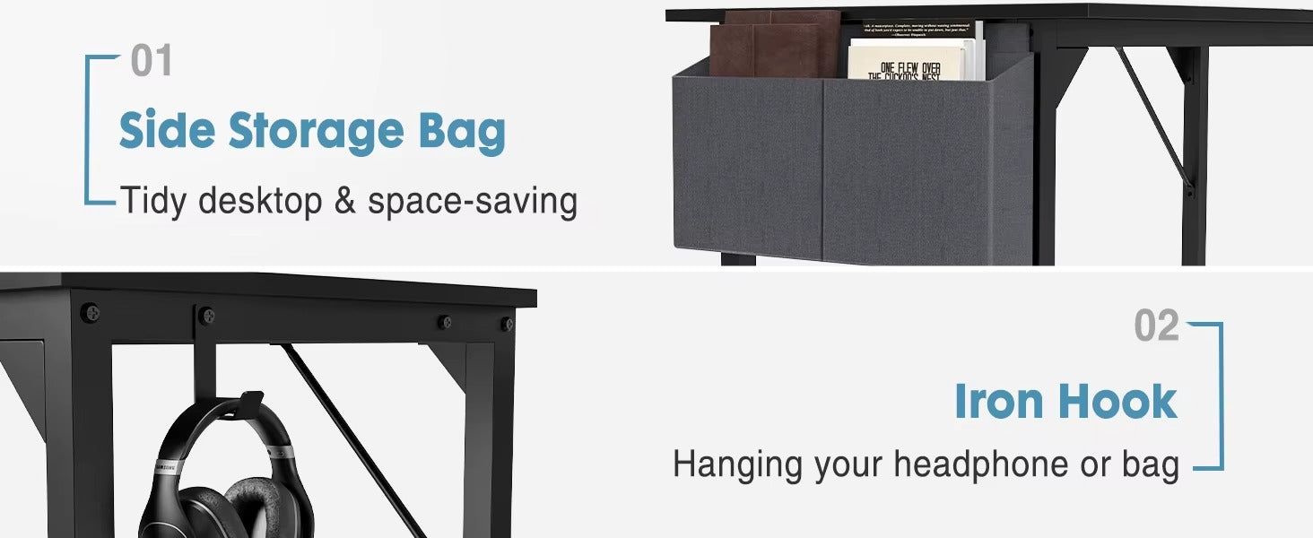 Steel Frame Computer Desk With Wood Top Storage Bag And Hook