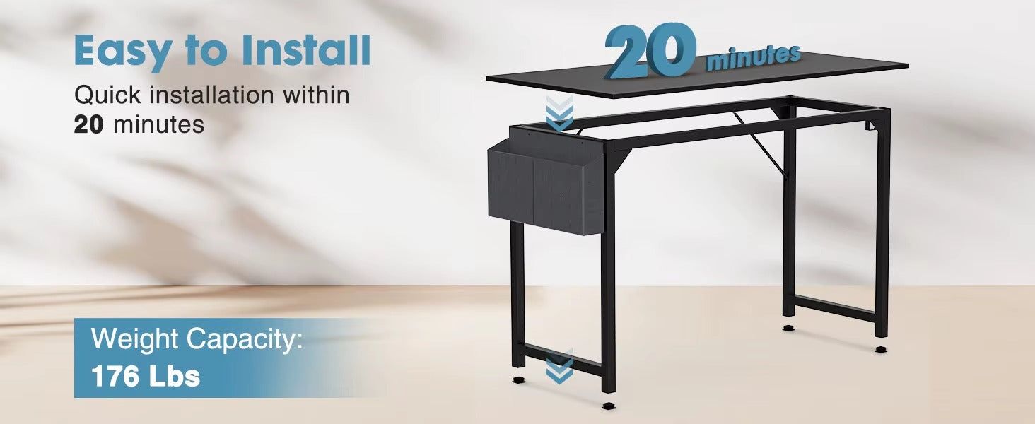 Steel Frame Computer Desk With Wood Top Storage Bag And Hook