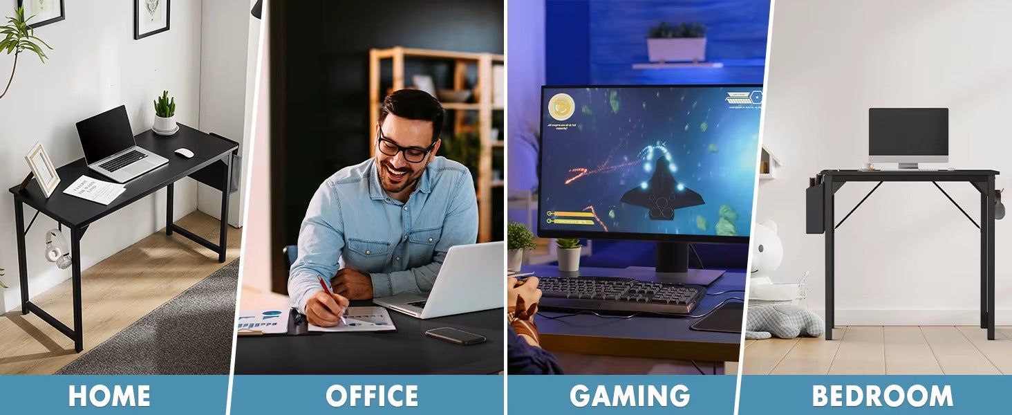 Steel Frame Computer Desk With Wood Top Storage Bag And Hook