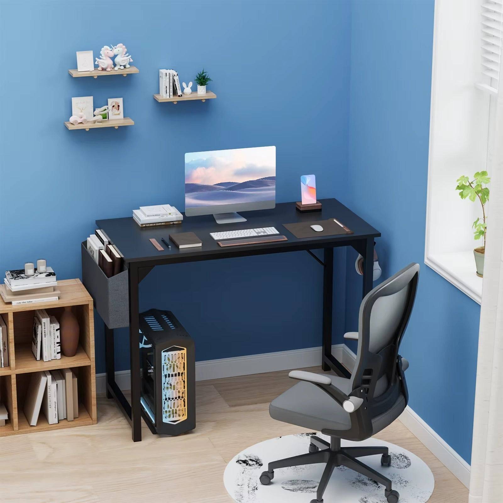 Steel Frame Computer Desk With Wood Top Storage Bag And Hook