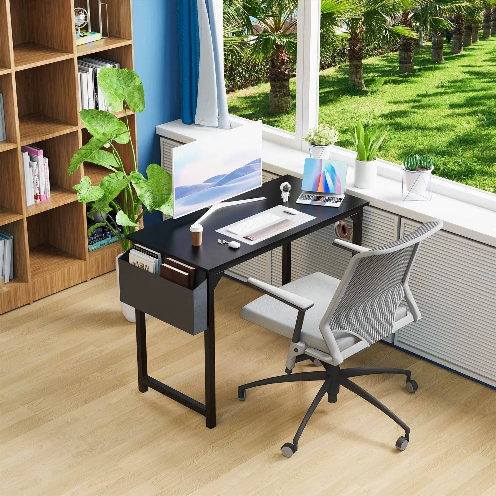 Steel Frame Computer Desk With Wood Top Storage Bag And Hook