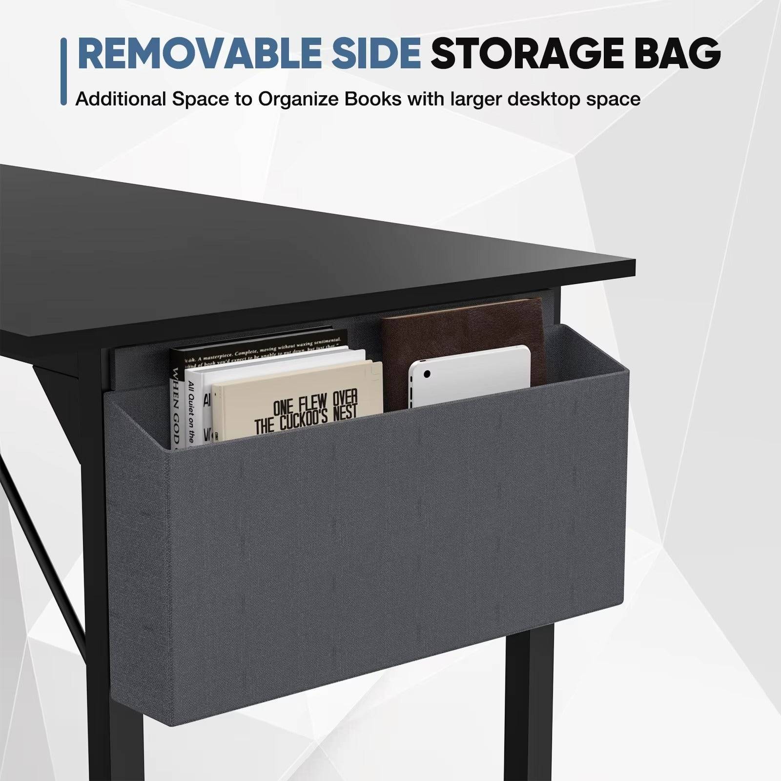 Steel Frame Computer Desk With Wood Top Storage Bag And Hook