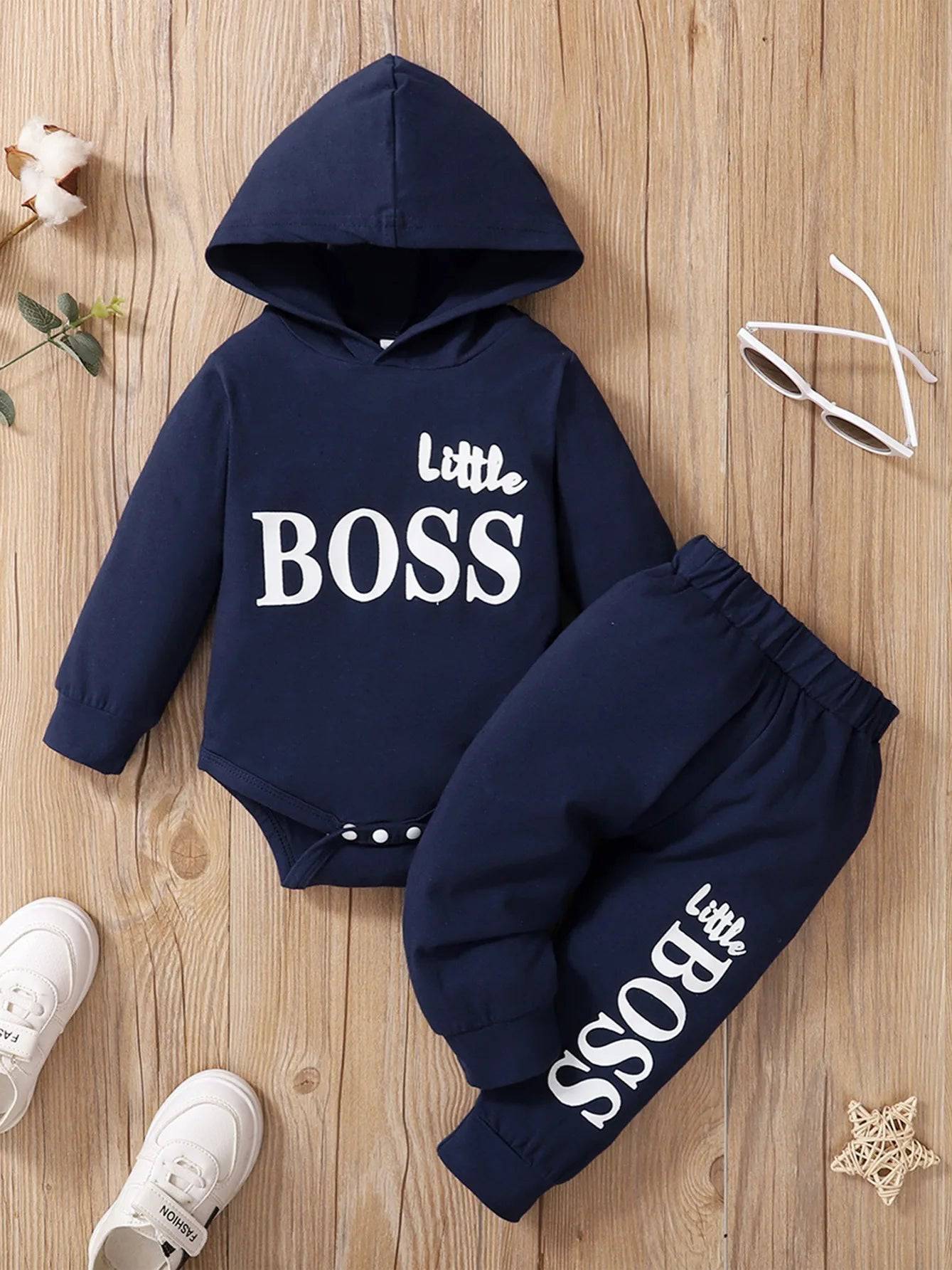 Newborn Baby Boy Hooded Suit Long Sleeve Letter Bodysuit+Pants Toddler Boy Autumn Sport Style Sweatsuit - PMMNAPOLES