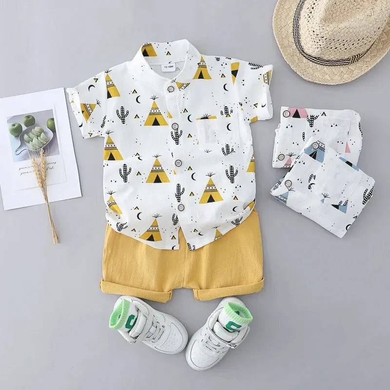 Children's Summer 100% Cotton Random Full Print Triangle Pattern Short Sleeved Stand up Collar Shirt and Shorts Set - PMMNAPOLES