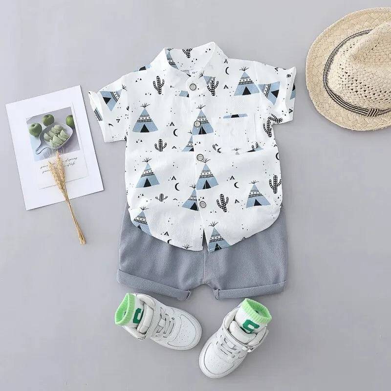 Children's Summer 100% Cotton Random Full Print Triangle Pattern Short Sleeved Stand up Collar Shirt and Shorts Set - PMMNAPOLES