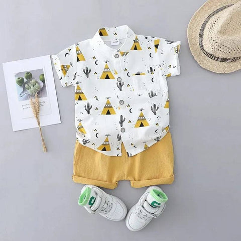 Children's Summer 100% Cotton Random Full Print Triangle Pattern Short Sleeved Stand up Collar Shirt and Shorts Set - PMMNAPOLES